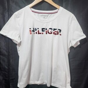 Tommy Hilfiger Womens XL White Sequin Logo Short Sleeve Crew Neck T-Shirt